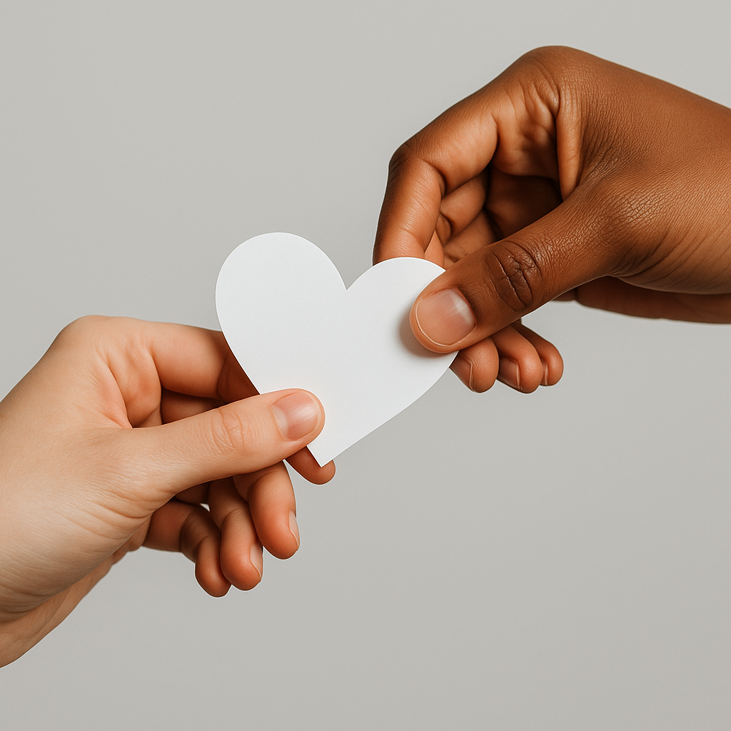 Two hands passing a white paper heart between them