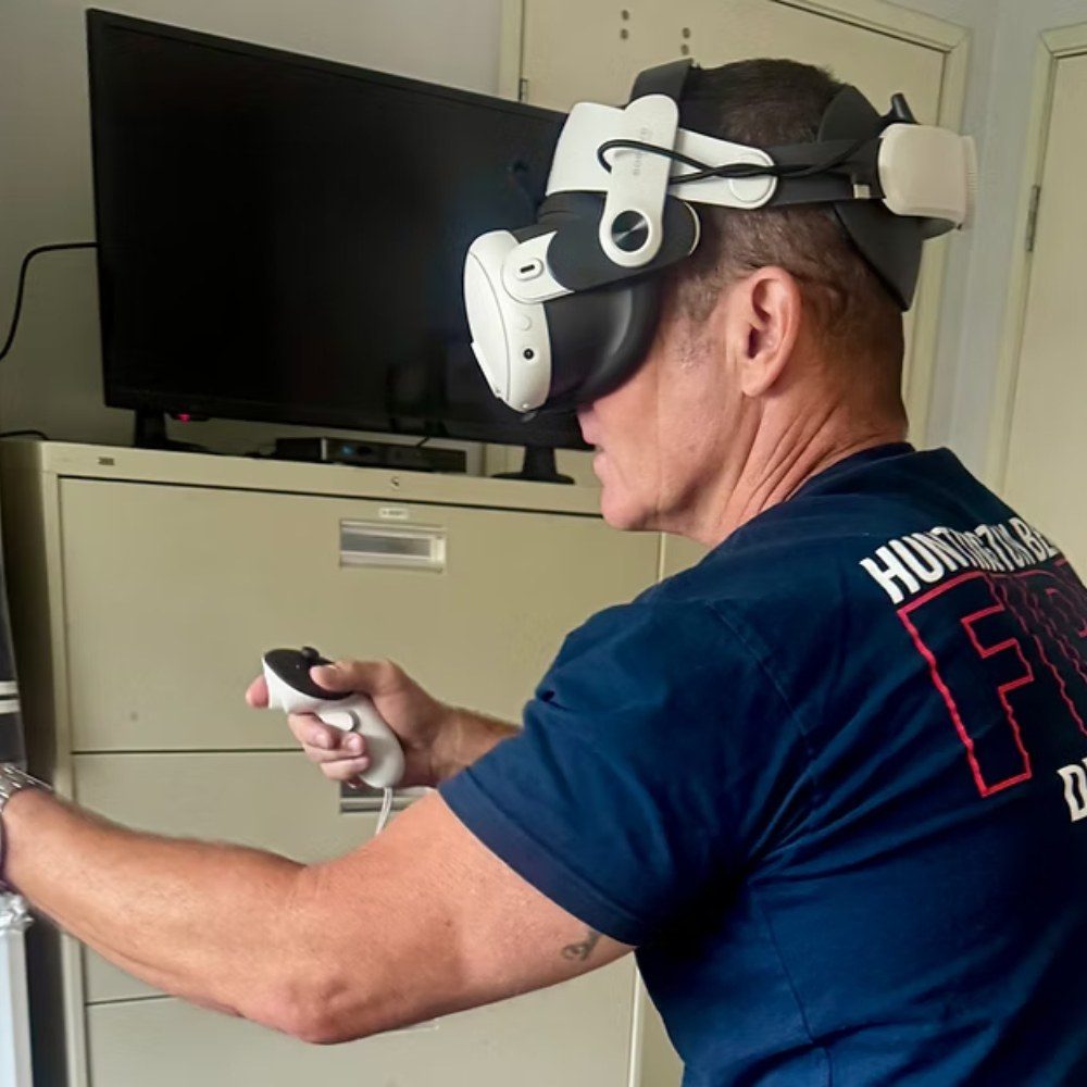 A first responder in a station room moving through a virtual reality session